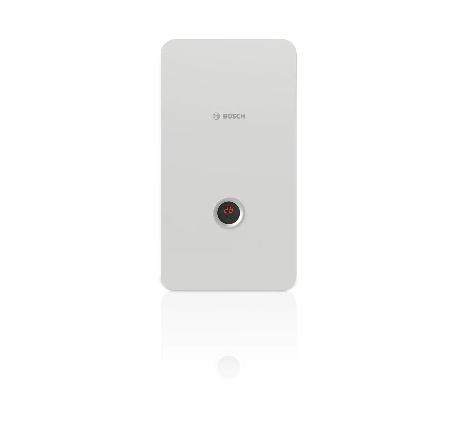 O1314130_tronic_heat_3500_front-1 - Solarplaza Bosch wall-mounted water heater with circular temperature display showing 28°C on a light gray panel. - Solarplaza