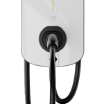 White EV charging wall unit with a green vertical indicator and a connected charging cable reuseable for an electric vehicle. - Solarplaza