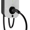 Wall-mounted electric vehicle charger with a white front panel, a green vertical indicator line, and a charging cable plugged in