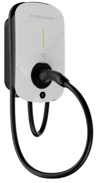 Sigen Ev Ac Charger Type2 Leftpng - Solarplaza Wall-mounted electric vehicle charger with a white front panel, a green vertical indicator line, and a charging cable plugged in - Solarplaza