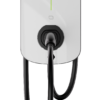 Wall-mounted electric vehicle charging station with a plugged-in cable and a green status line