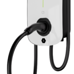 White wall-mounted EV charging unit with a green vertical charging indicator and a connected cable. - Solarplaza
