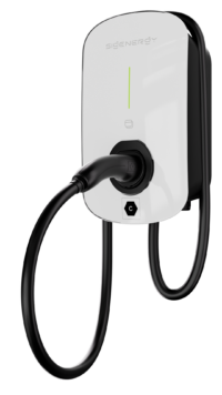 White wall-mounted EV charging unit with a green vertical charging indicator and a connected cable. - Solarplaza