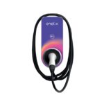 Enel X electric vehicle charging wall unit with a bundled charging cable and plug attached. - Solarplaza