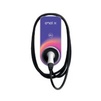 Image - Solarplaza Enel X electric vehicle charging wall unit with a bundled charging cable and plug attached. - Solarplaza