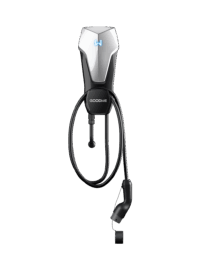 EV charging connector with a black cable and GOODWE branding on a black background. - Solarplaza