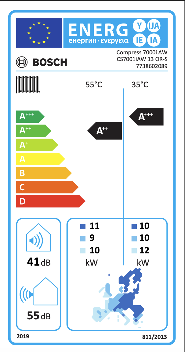 03 Ors - Solarplaza European energy label for a Bosch appliance: energy efficiency arrows from A+++ to D, Bosch logo, two temperatures (55°C/35°C), decibel icons, and a Europe map outline. - Solarplaza