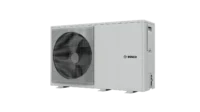 O157233568_compress_2000_awf_1216kw_right_perspective_render - Solarplaza Bosch outdoor condenser unit with a large fan behind a grille, gray metal housing, mounted on a base on a black background - Solarplaza