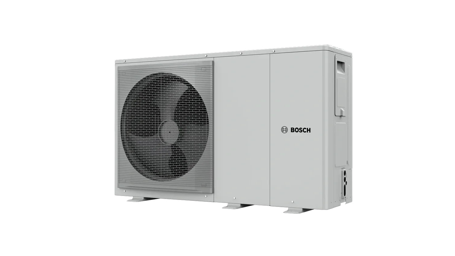 O157233568_compress_2000_awf_1216kw_right_perspective_render - Solarplaza Bosch outdoor condenser unit with a large fan behind a grille, gray metal housing, mounted on a base on a black background - Solarplaza