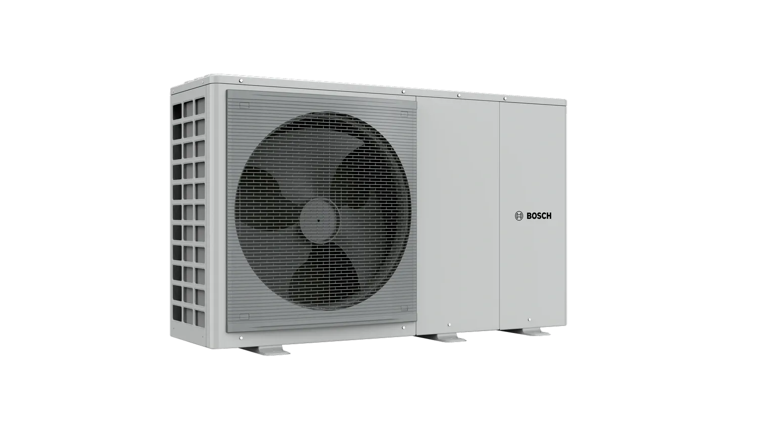 O157233569_compress_2000_awf_1216kw_left_perspective_render - Solarplaza Outdoor Bosch air conditioning condenser unit with large fan and protective grille, mounted on a base against a black background - Solarplaza