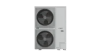 Outdoor air conditioning/condenser unit with two large fans and Bosch branding on a grey cabinet on a black background. - Solarplaza