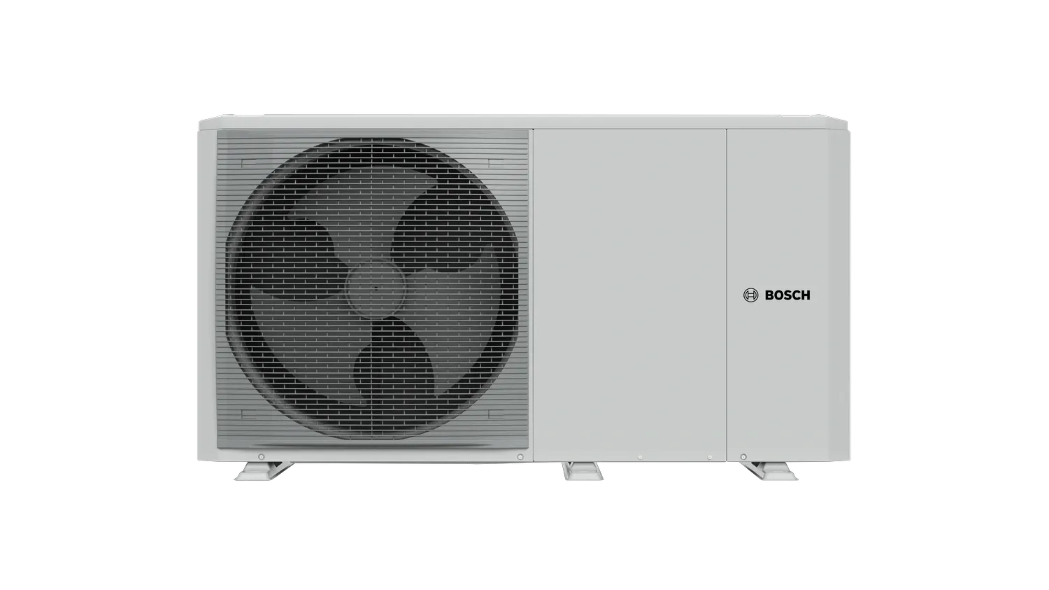 O157233572_compress_2000_awf_46kw_front_perspective_render - Solarplaza Bosch outdoor air conditioner condenser with a large front fan and grille on the left and a plain housing on the right - Solarplaza