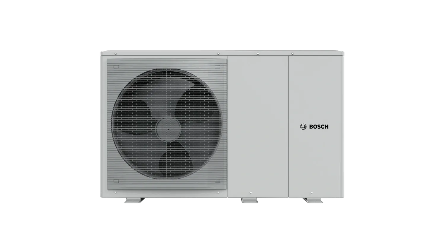 O157233573_compress_2000_awf_1216kw_front_perspective_render - Solarplaza Bosch outdoor HVAC condenser with a large fan behind a protective grille on the left and a gray cabinet on the right. - Solarplaza