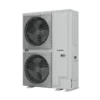 Bosch outdoor air source heat pump with two large front fans on a black background.