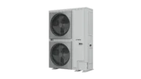 Bosch outdoor air conditioning unit with two large fans on a black background, showing a tall rectangular HVAC condenser. - Solarplaza