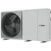 Bosch outdoor air conditioner condenser with a large fan on the left and a gray housing on a black background.