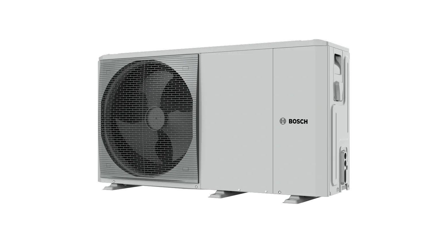 O157233575_compress_2000_awf_46kw_right_perspective_render - Solarplaza Bosch outdoor air conditioner condenser with a large fan on the left and a gray housing on a black background. - Solarplaza