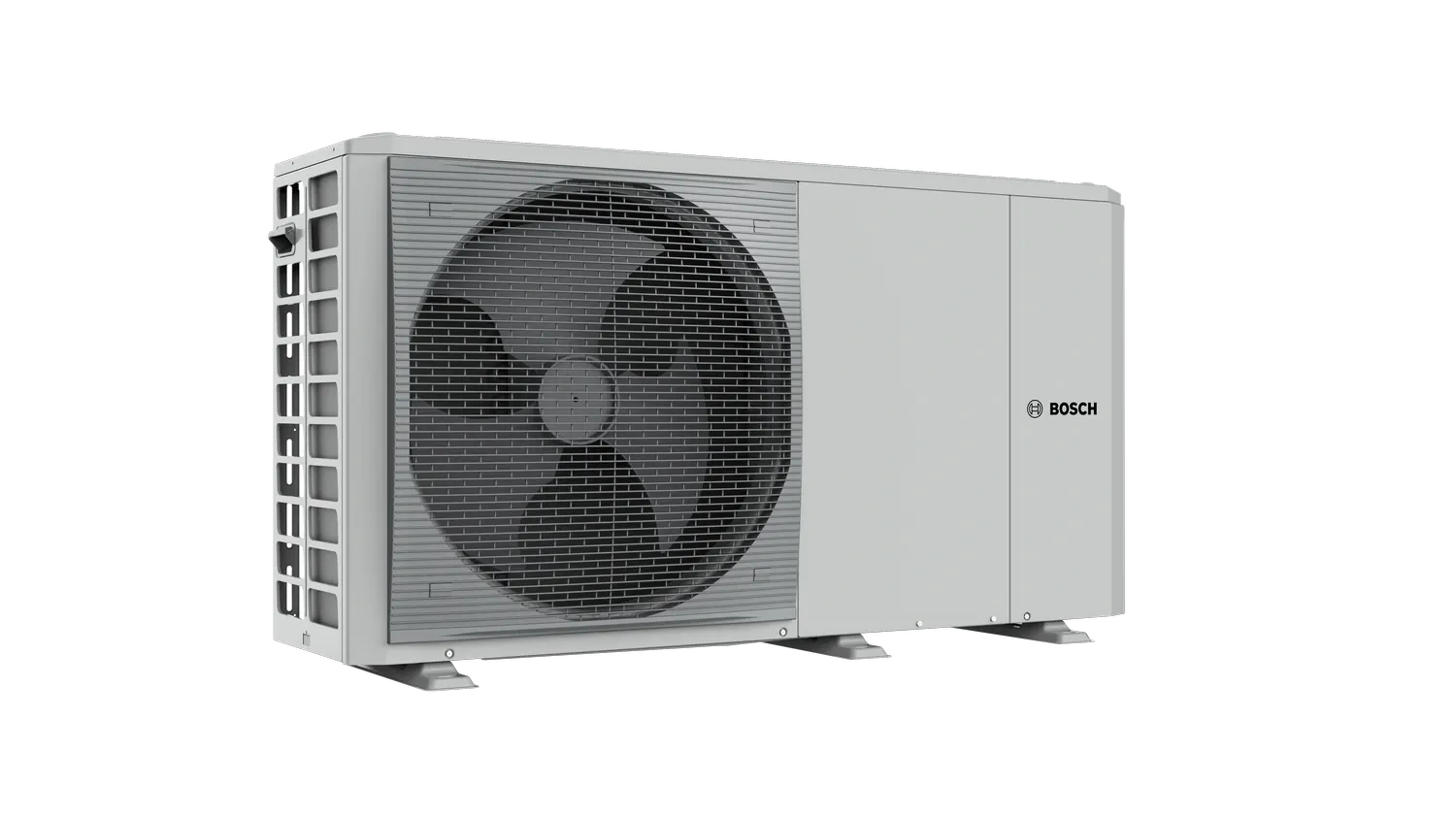 O157233576_compress_2000_awf_46kw_left_perspective_render - Solarplaza Bosch outdoor air conditioning condenser with large front fan and grille on a black background. - Solarplaza