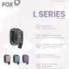 Poster for L Series wireless earpieces: black earpiece with charging case and four color options.