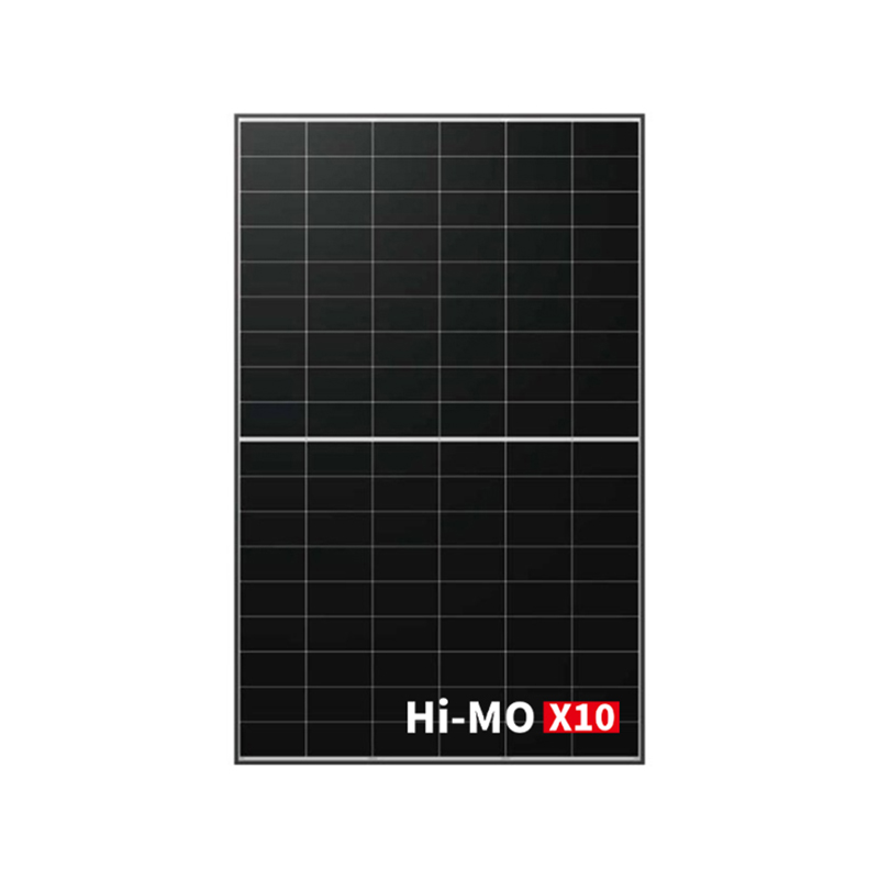 Lr7-54hvh-490m-1 - Solarplaza Hi-MO X10 solar panel with a grid of dark cells and a white border, logo bottom-right. - Solarplaza