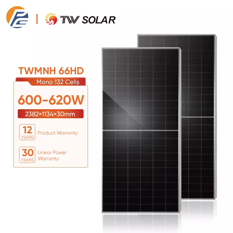 Twmnh-66hd-1png - Solarplaza Two black solar panels standing upright next to an orange data card showing 600-620W, Mono 132 Cells, and warranty details (12‑year product, 30‑year power). - Solarplaza