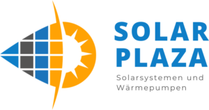 Solar Plaza logo with blue 'SOLAR PLAZA' text, subtitle 'Solarsystemen und Wärmepumpen', and a stylized sun and solar panel emblem. - Solarplaza