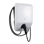 Bosch electric vehicle charging wall unit with a plugged-in charging cable, white compact design. - Solarplaza