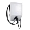 Bosch wall-mounted EV charging unit with a coiled charging cable and plug, white rectangular panel, blue indicator dot.