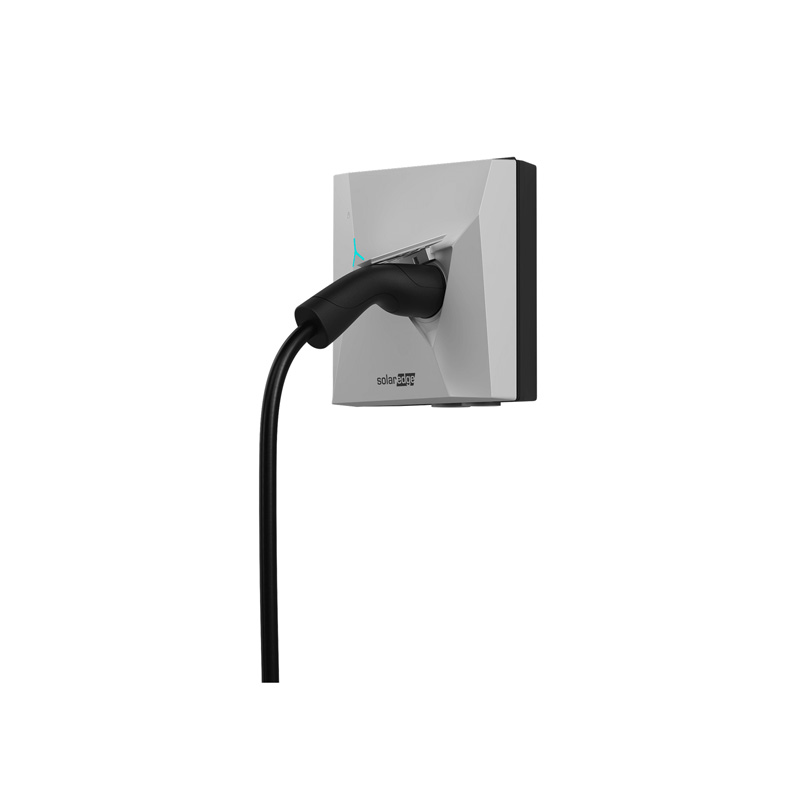 2046838521 - Solarplaza Wall-mounted electric vehicle charging station with a plugged-in charging cable, SolarEdge unit - Solarplaza