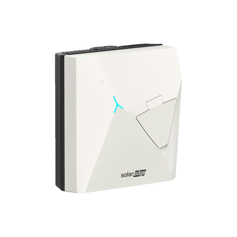 Se-evn22sem-01 - Solarplaza White SolarEdge solar inverter unit with a blue status light, featuring a geometric front panel and the SolarEdge logo. - Solarplaza