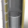 Cross-sectional view of a vertical storage tank showing a coiled heating element inside and side inlet/outlet ports, with insulation along the outer wall.