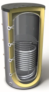Cross-sectional view of a vertical storage tank showing a coiled heating element inside and side inlet/outlet ports, with insulation along the outer wall. - Solarplaza